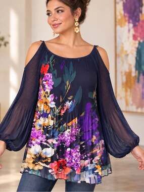 Nygard 2X Navy Floral Pleated Blouse Cold Shoulder Cutout Womens Top